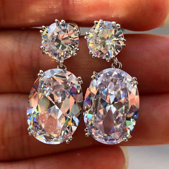 Shiny Big Oval Zircon Silver Plated Drop Earrings for Women, VP1011 - Picture 1 of 5